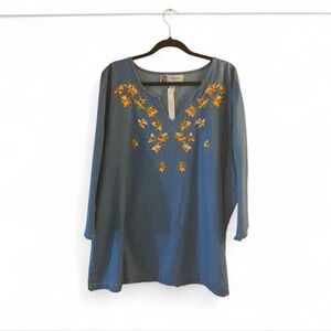Passion 1 Denim Autumn Leaves Embroidered Top – 3XL